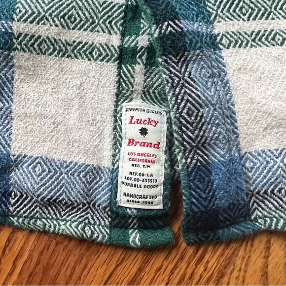 Lucky Brand Button Up Flannel Shirt Mens Size Medium Green Blue Plaid Slim Fit - Picture 5 of 5